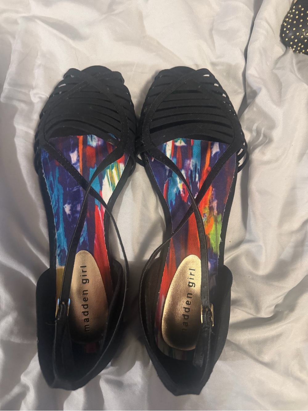 Madden Girl Black Strappy sandals with Colorful Painted Insole